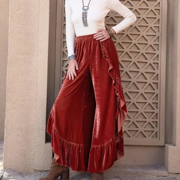 Burnt Orange Casual Womens Ruffle Trim Split Thigh Velvet Pants - Picture 5 of 5